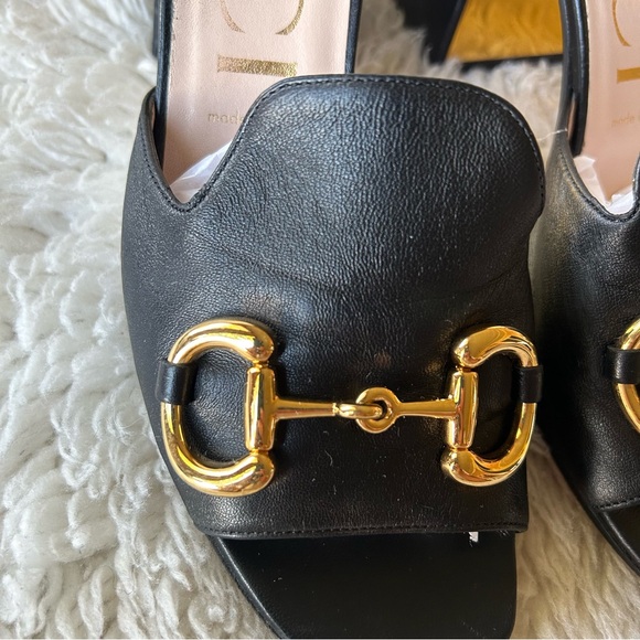 Gucci Baby Horsebit Slide Sandals Mules Black and Gold Block Heel Size EU 39 - Picture 9 of 14